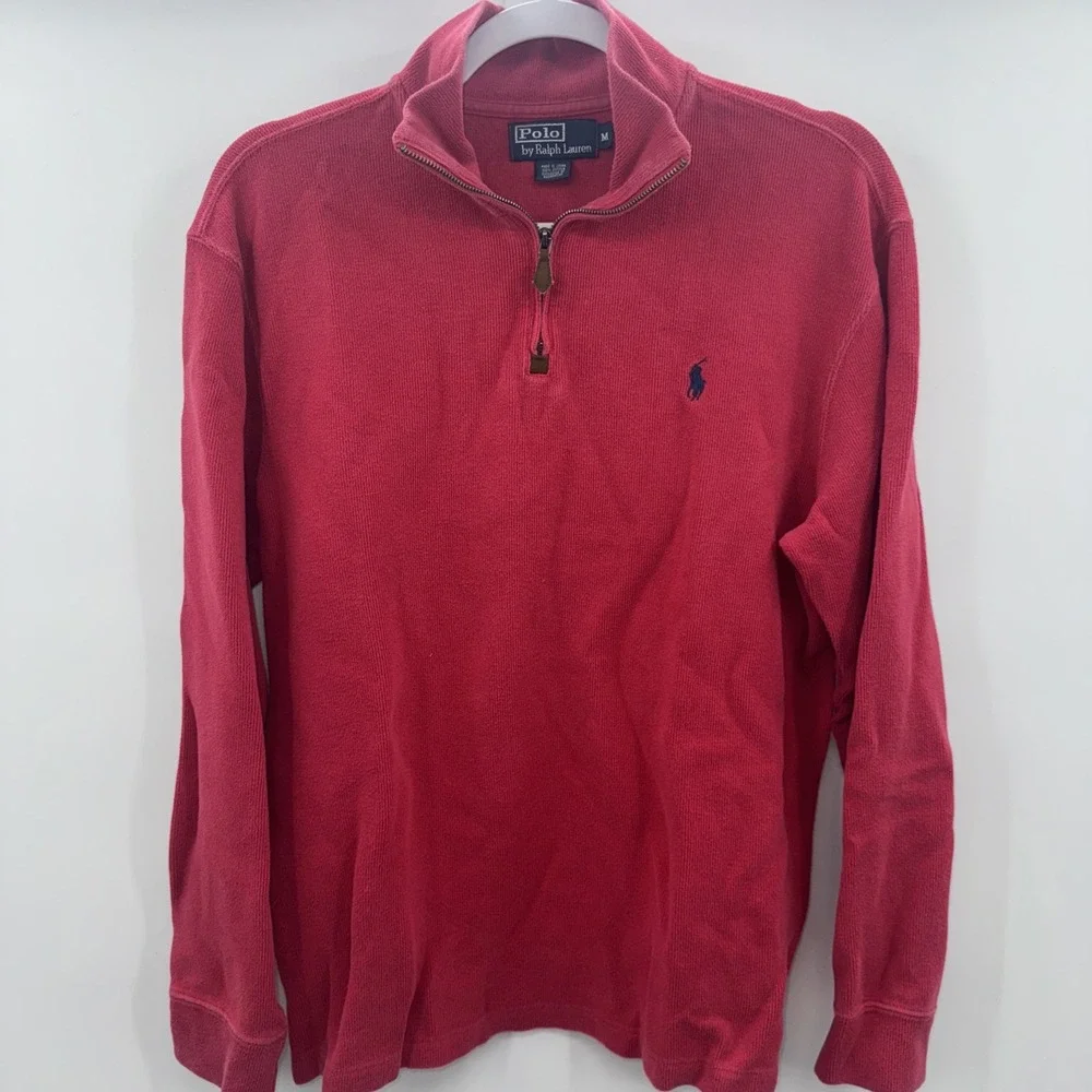 Polo Ralph Lauren Sweater Men Medium Red Solid Cotton Quarter Zip Sweatshirt VTG